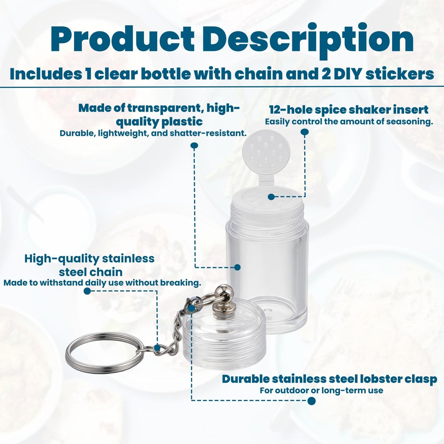 Mini Salt Keychain Bottle – Refillable AS Travel Salt Shaker – Portable Spice Jar with 2 Stickers – Small Key Chain Shaker for Camping, Office, Picnics, Lunchboxes