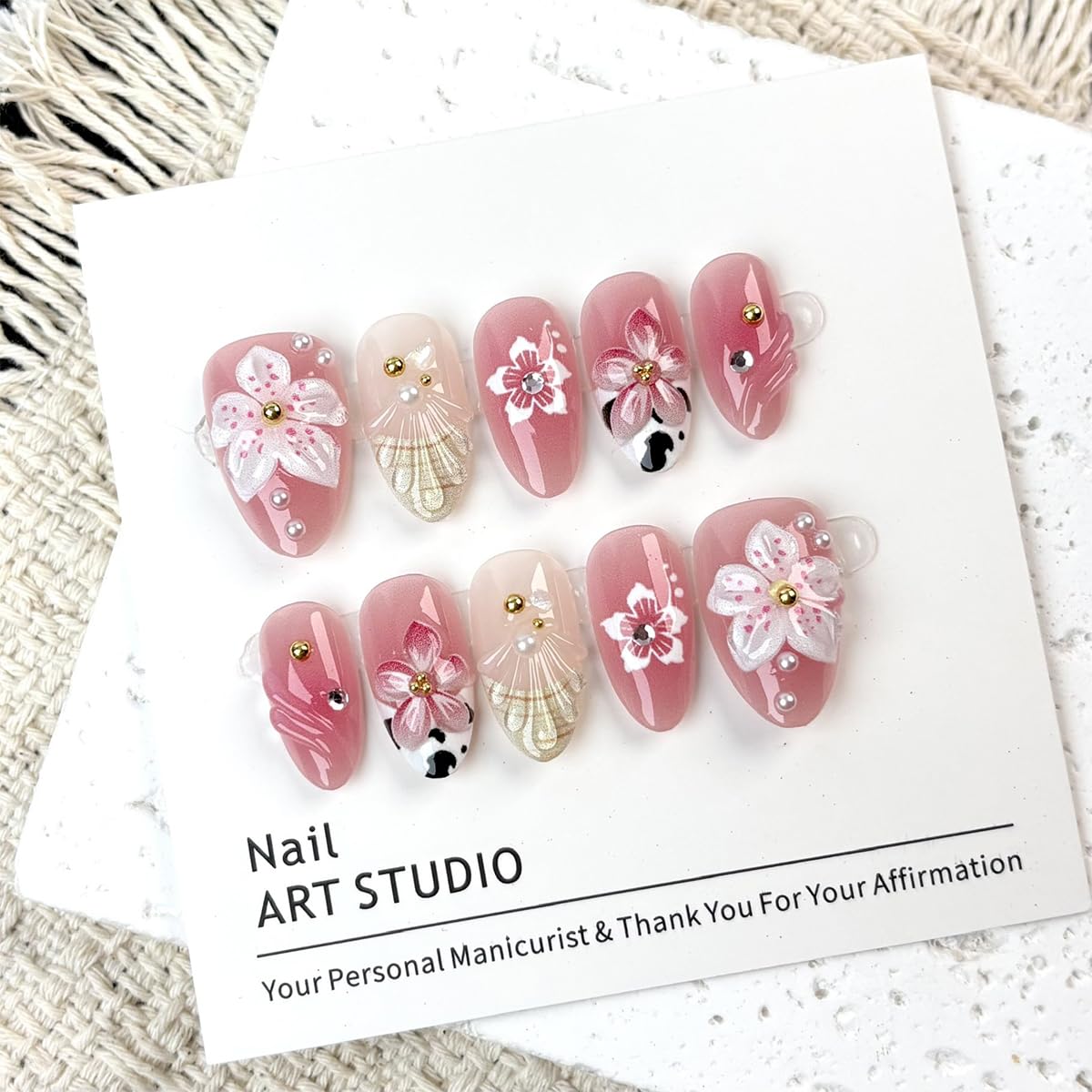 30Pcs Pink Flower Press on Nails Medium Almond 3D Cherry Blossom Fake Nails with Pearls & Rhinestones Spring Cute False Nails Reusable Glossy Glue On Nails Set for for Women Acrylic Nail Decorations