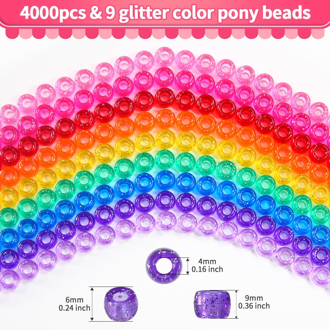 Praisebank Pony Beads, 4000pcs Glitter Color, Beads for Jewelry Making, Beads for Crafts, Beads for Hair Braids.