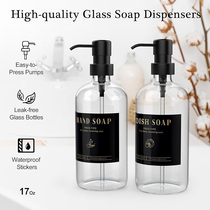 Luxspire Kitchen Soap Dispenser Set - 17oz Hand and Dish Soap Dispenser Set with Fast Drying Tray, Glass Bottle with Waterproof Labels, Kitchen Sink Organizer, Bathroom Countertop Organizer, Black