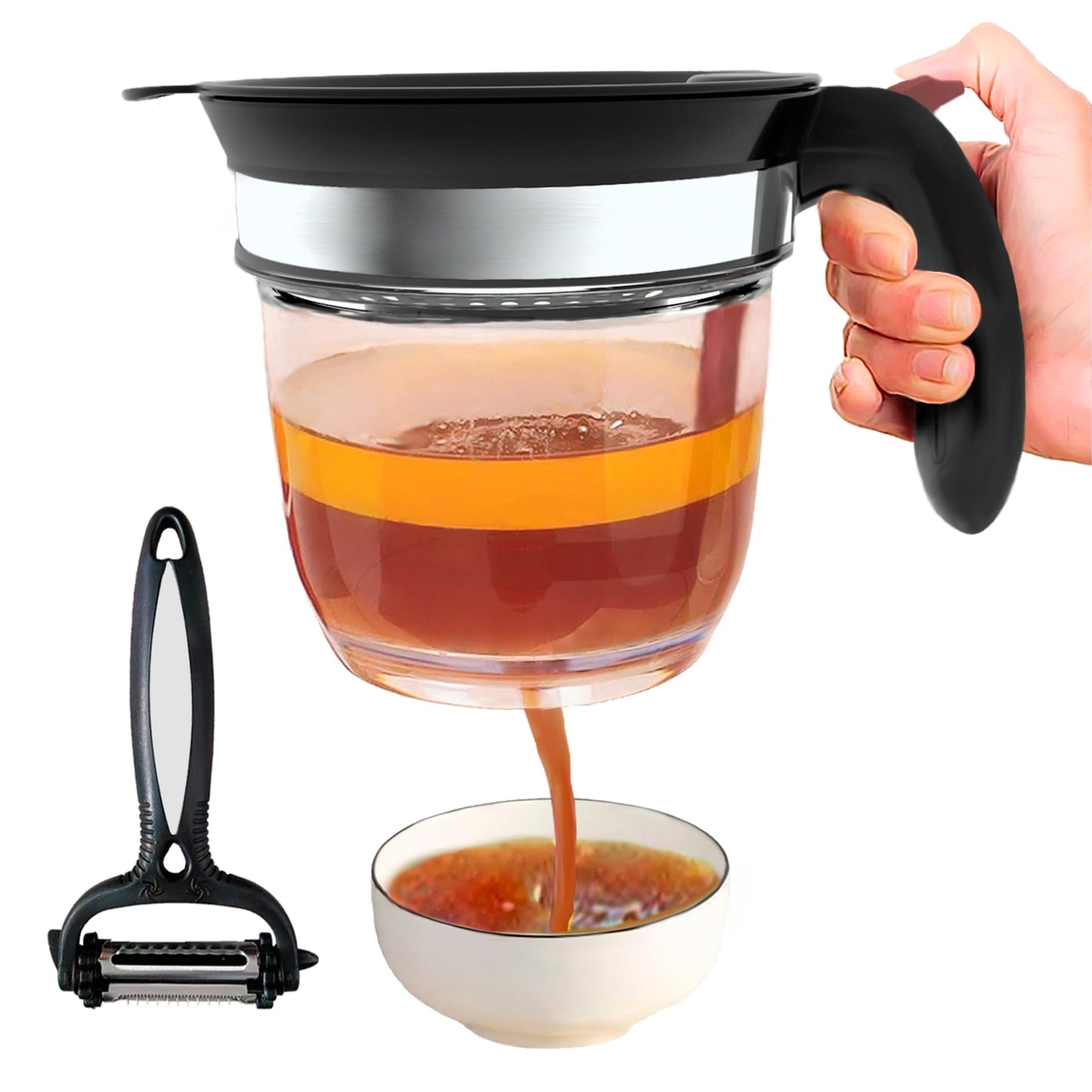 Fat Separator with Bottom Release, Gravy Separator with Oil Strainer for Cooking, Kitchen Gadgets-4 Cup Grease Separator with Sifter, Packaged with a 3-in-1 Multifunctional Peeler for potato (Red)