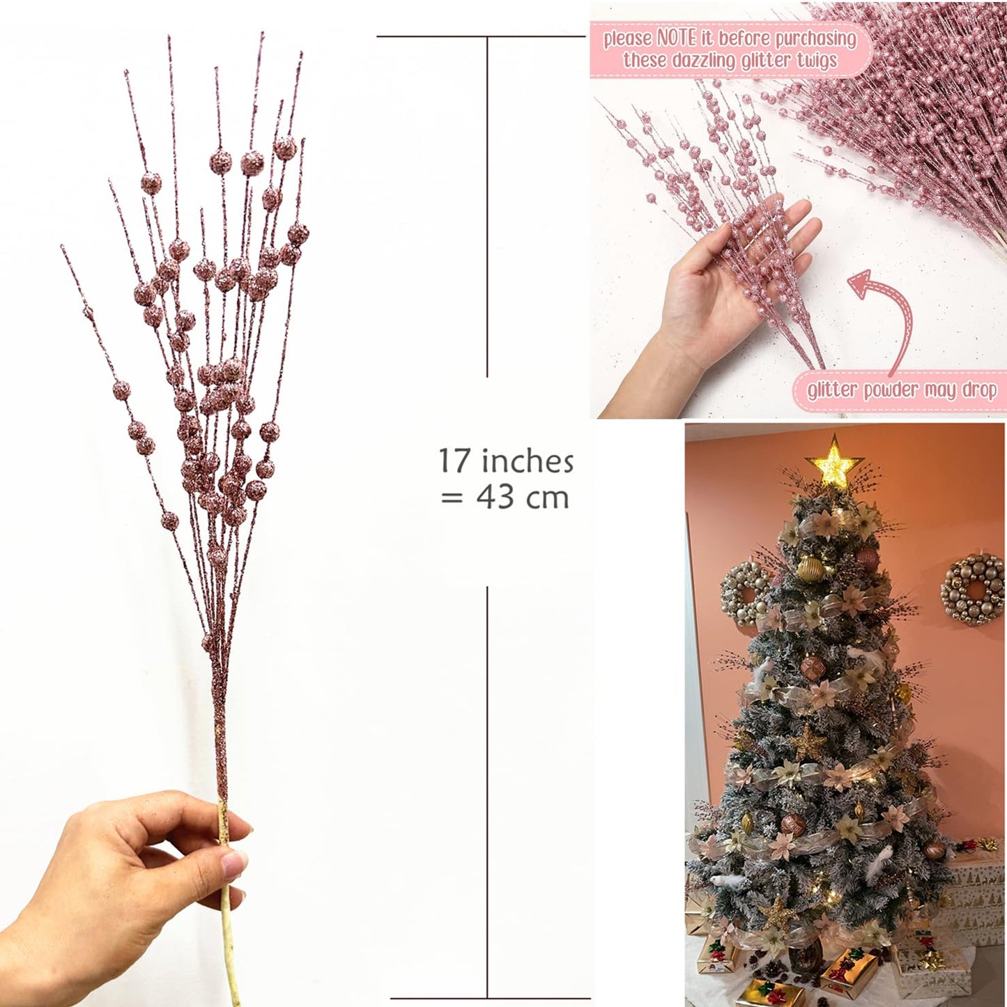 Artificial Glitter Berry Stem Ornaments 17” Decorative Faux Bright Berries Flowers Decorations Picks Bead Sticks Branches for Home Christmas Tree Decor DIY Wreath Crafts - Champagne Pink 10 Pack