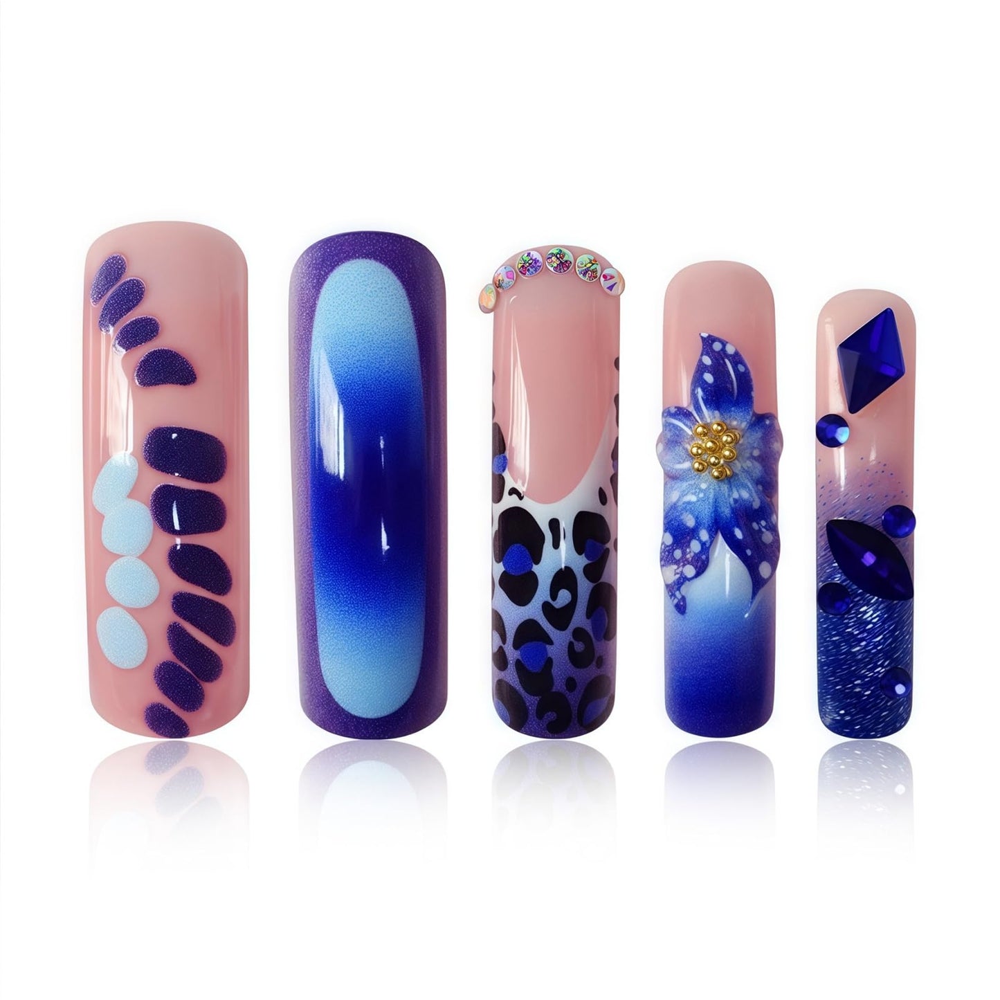 IMSOHOT Blue Press on Nails Curved Long Fake Nails - Leopard Print, Flower, Glitter, Rhinestone, Crocodile Print Designs Square Glossy Full Cover Acrylic False Nails Extra Long Glue on Nails