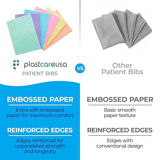 PlastCare USA Disposable Dental Bibs 13"x18" - 3 Ply Waterproof Tattoo Bib Sheet for Patients - Dentist or Medical Tray Cover and Nail Table Cover Supplies, White