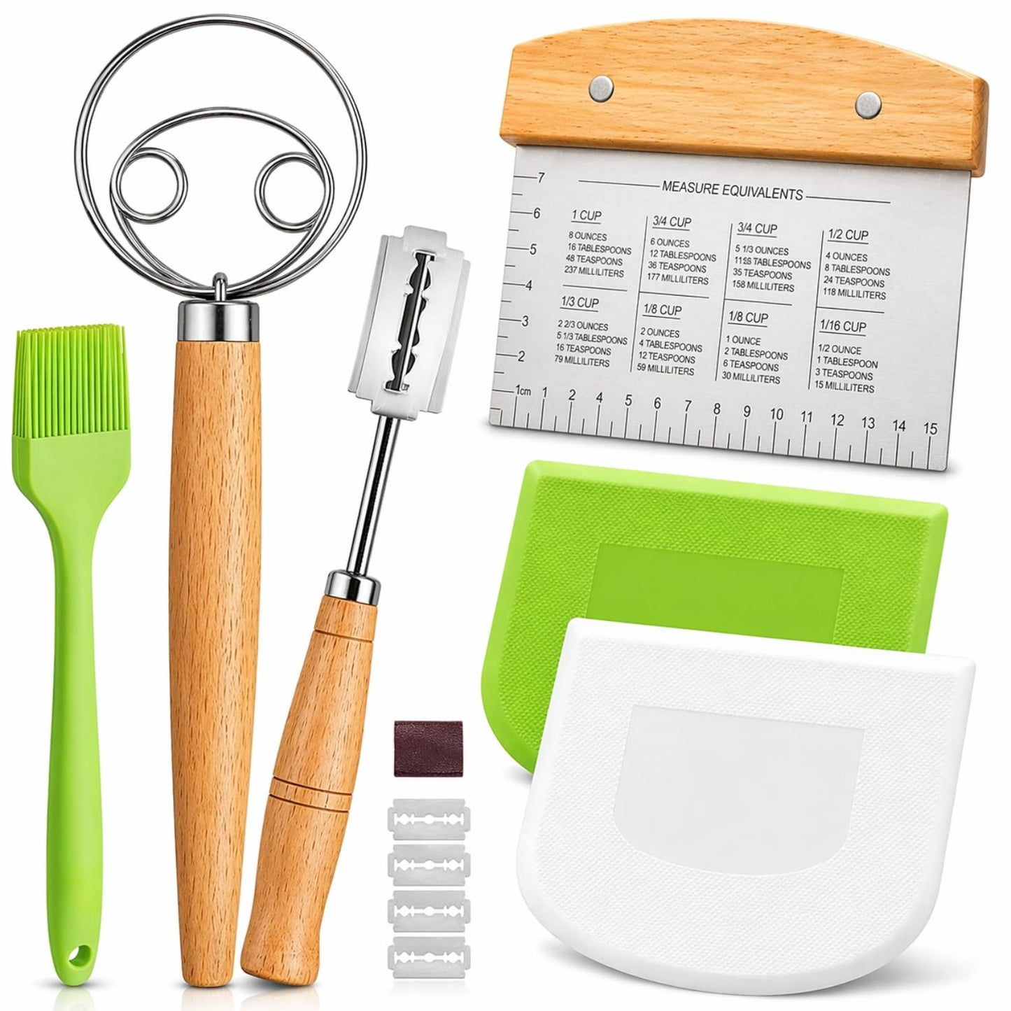 BOORIKA Sourdough Bread Baking Tool Set with Danish Dough Whisk, Bread Lame & Blades, Bench Scraper, Dough Scrapers and Silicone Brush – Sourdough Starter Kit