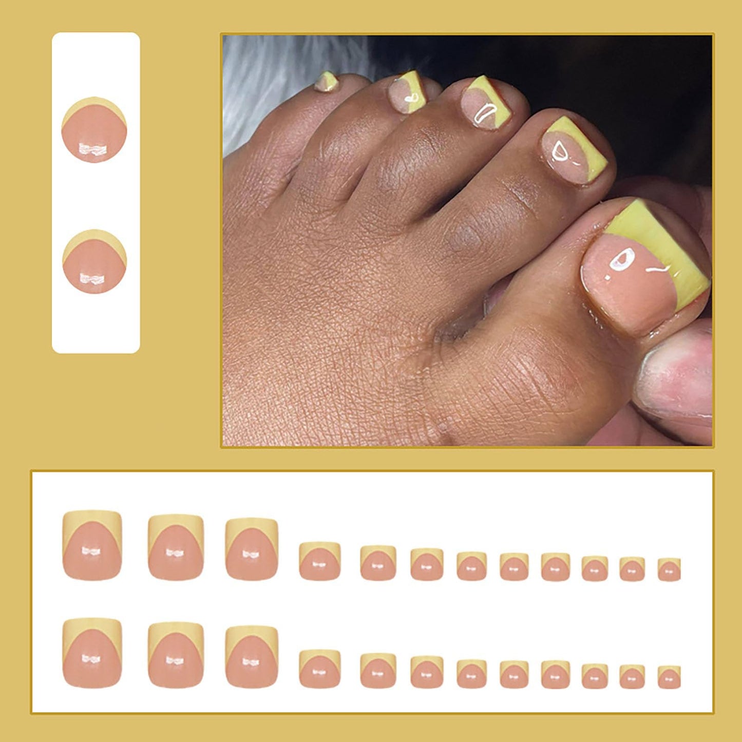RUOKEXIN Short Press on Toenails Yellow French Tip Fake Toenails with Designs Square Toe Nail Press ons Sparkly Artificial Nails for Women 24Pcs
