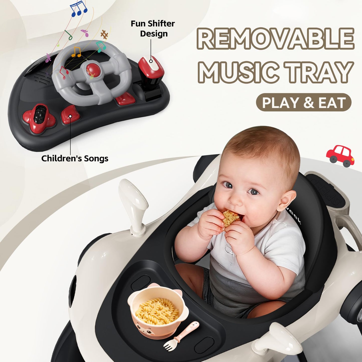 Baby Walker with Wheels, 7-in-1 Foldable Baby Walkers for Boys Girls 6-12 Months with Feeding Tray & Music, Lights,Rocker,Sun Canopy, Bouncing Pedal, Adjustable Wheel Speed, Push Walker (Black)