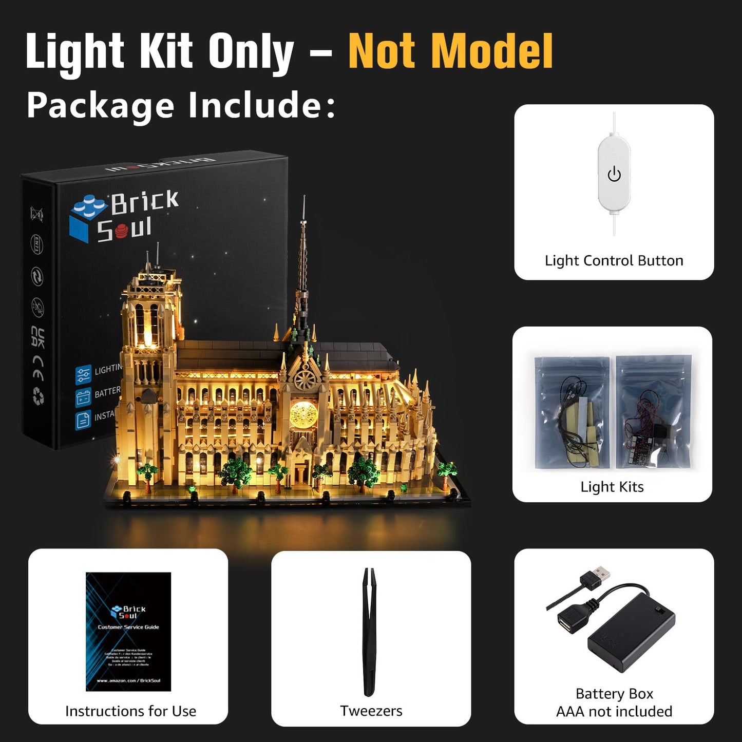 BrickSoul Light Kit Compatible with Lego 21061 Architecture Notre-Dame de Paris Building Set | Upgraded Touch Control & Dimming & Hidden Cable Tech (21061 Set NOT Included)