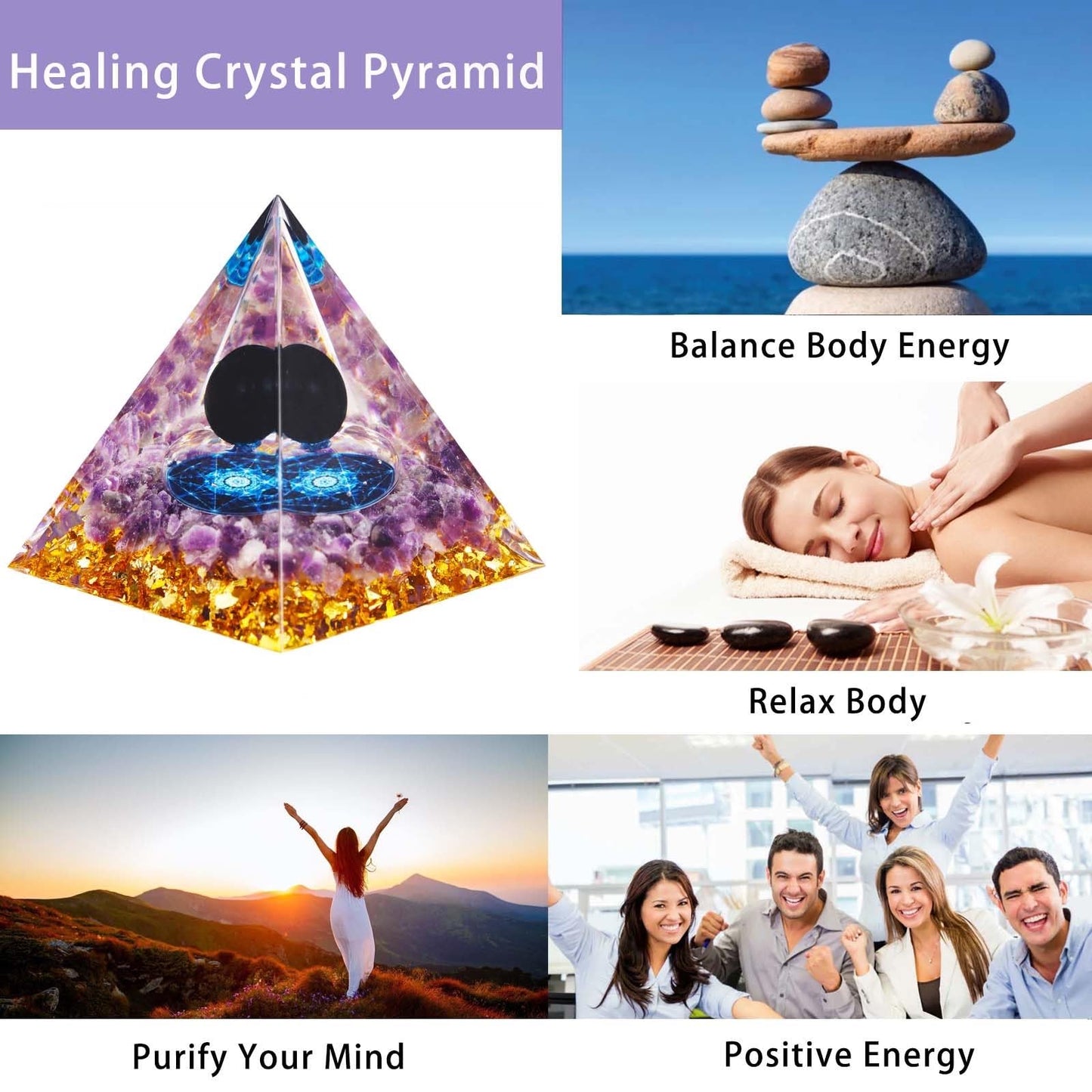 Crystal Pyramid, Obsidian & Amethyst Healing Crystal Pyramid Porstive Energy Generator, Natural Crystals Energy Pyramid for Attract Wealth Success and Lucky