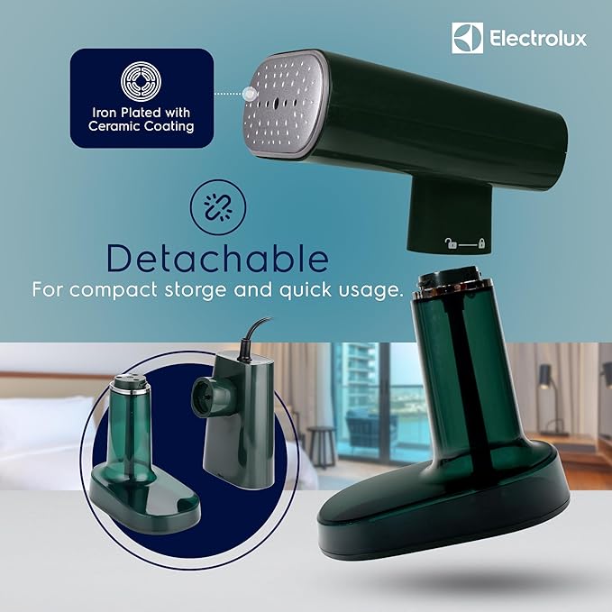 Electrolux SnapSteam Steamer for Clothes - Powerful 1200W Handheld Detachable Steam Press Iron Wrinkle Remover Portable Travel Steamer for Garments, Fabrics & Curtains, Green