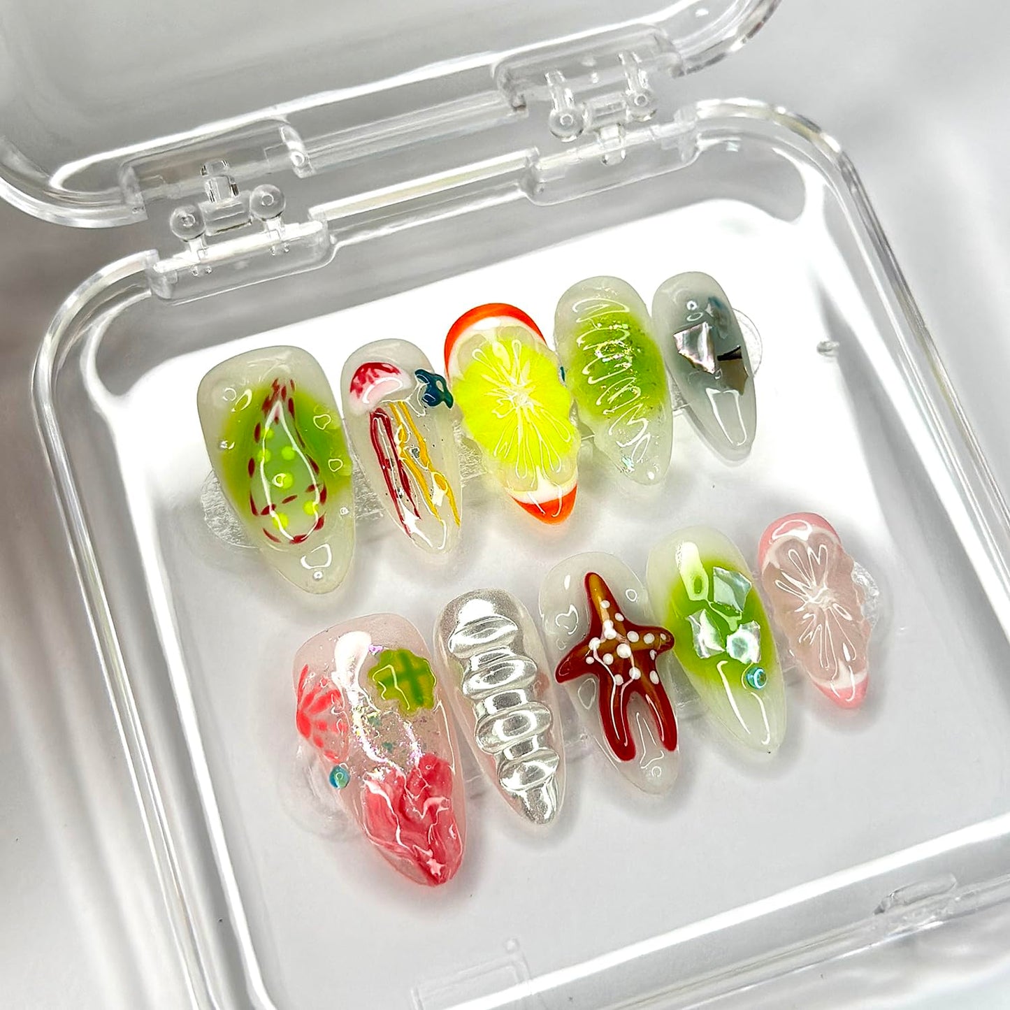 Luxury Press on Nails Medium Almond Handmade 3D Unique Reusable ABS Material Fake Nails French Tip False Nails with Designs Fruit Starfish Art Glossy Glue on Nails Thick Acrylic Nails(M)