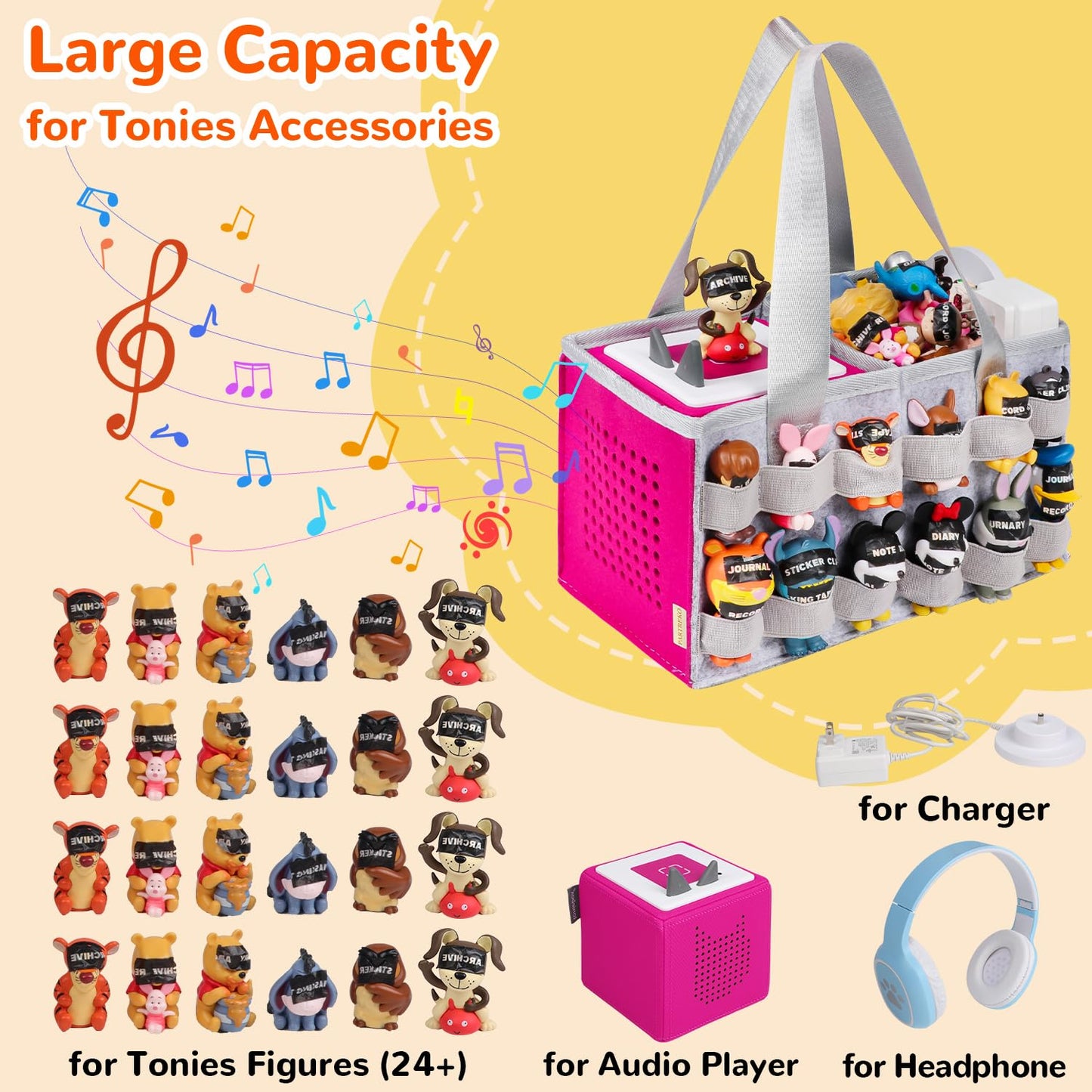 Partreko Carrying Case Compatible with Tonies Box with Audio Position, Portable Travel Storage Bag for Tonies Figures with 24 Elastic Strap, Soft Felt Organizer Case for Toniebox Accessories Gray&Rose