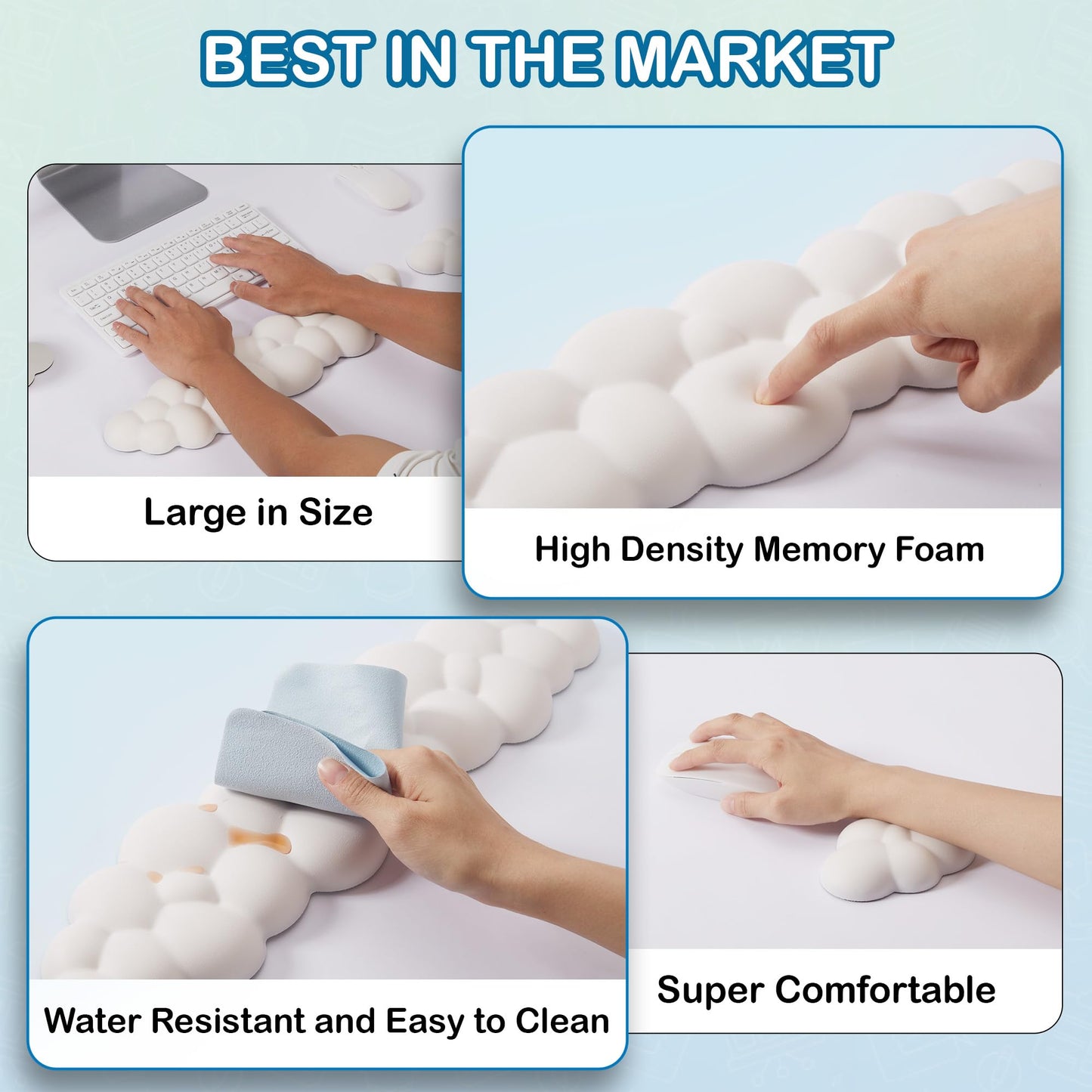 Cloud Keyboard Wrist Rest & Mouse Pad Set for Typing Comfort – Ergonomic Memory Foam Wrist Support with Non-Slip Base, Soft Cloud Wrist Pad for Computer, Laptop, Office Work, Gaming & Home Desk
