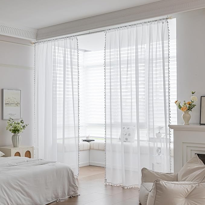 White Sheer Curtains 84 inch Long, Fringed Edges and Textured Semi Sheer Curtains Large Window Treatments for Living Room/Bedroom, 2 Panels