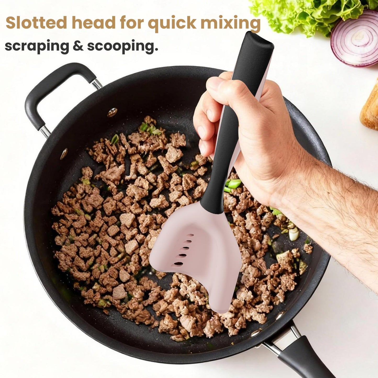 Meat Chopper Spatula Ground Beef Masher- Heat Resistant Hamburger Smasher Tool, Non Stick Ground Chopper Hamburger Grinder, Mix and Chop Potato Masher Kitchen Utensil-Pink
