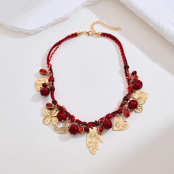 Bohemian Evil Eye Necklace for Women, Gold Plated Moon and Heart Pendant with Red Beaded Chain, Unique Charm Jewelry Gift(N9)