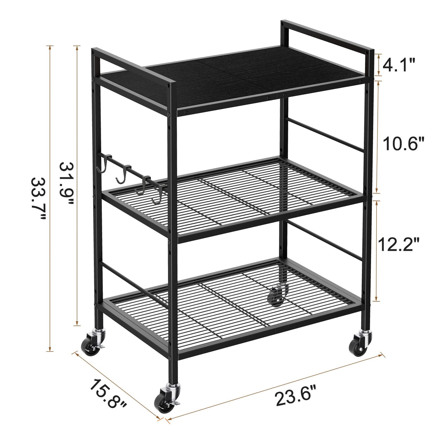 XIVIRACK 3-Tier Metal Storage Rack with Industrial Wheels,Mesh Shelving Unit with Wooden Table top,Adjustable Shelf,23.6-Inch Width,15.8-Inch Depth, for Kitchen, Laundry,Pantry,Plant,Black panel