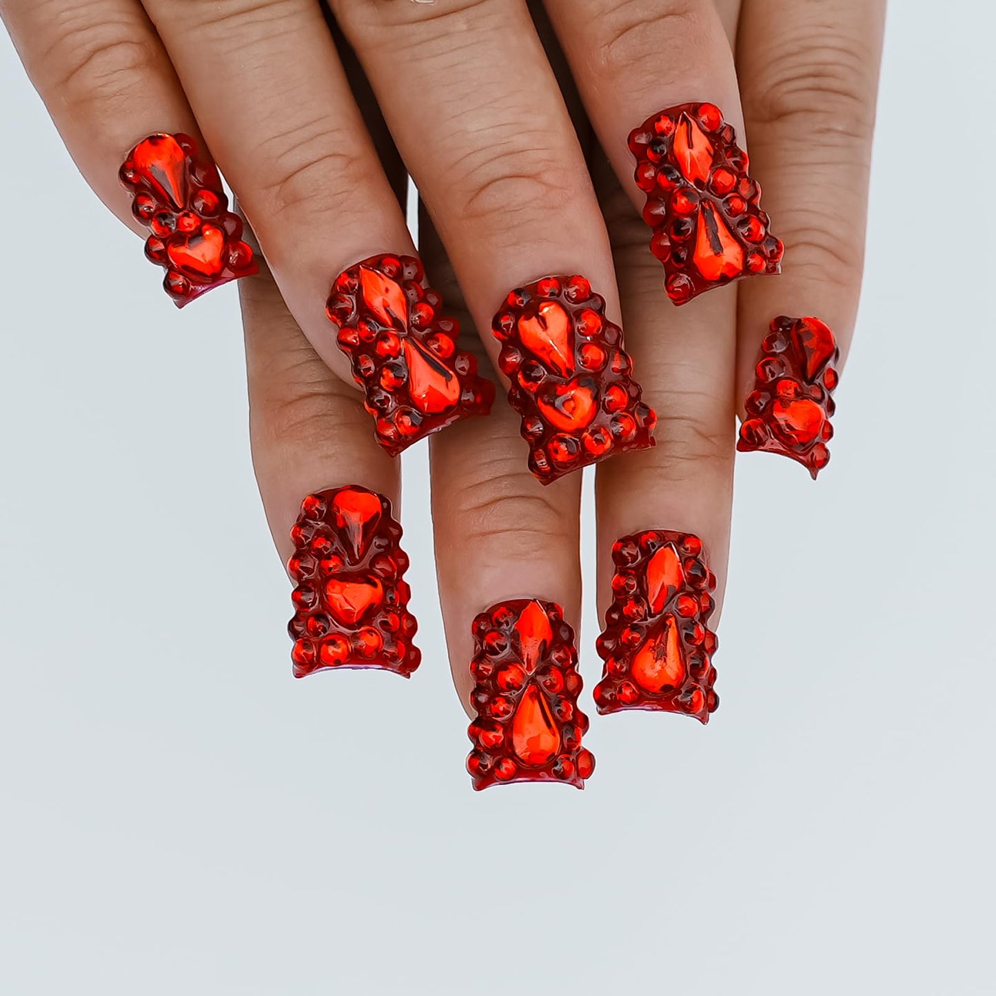 Tesytto Red Chrome Press on Nails Short Duck, Full Rhinestones Red Heart Fake Nails 3D Luxury Acrylic Duck Nails Thickened False Nails (Crimson Glimmer Enchant,M)