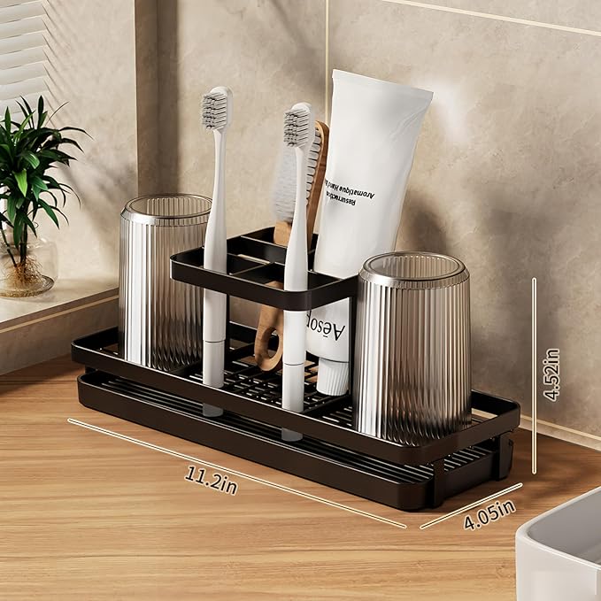 Toothbrush Holders for Bathrooms, 5 Slots Carbon Steel Tooth Brushing Holder Electric Toothbrush and Toothpaste Organizer Bathroom Accessories for Countertop, Shower, Black
