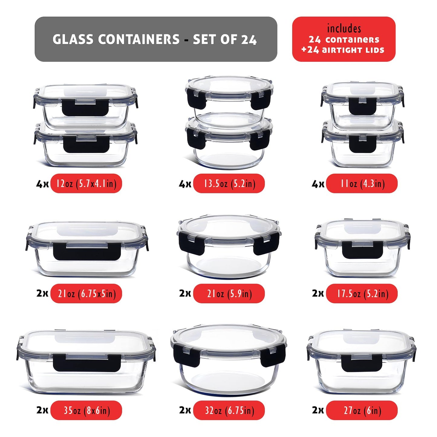EATEX 48pc Glass Storage Containers with Lids, 24 Set Glass Food Storage Containers with 24 Airtight Lids, Pantry Kitchen Meal Prep Containers for Lunch, Freezer Storage Containers, Dishwasher Safe