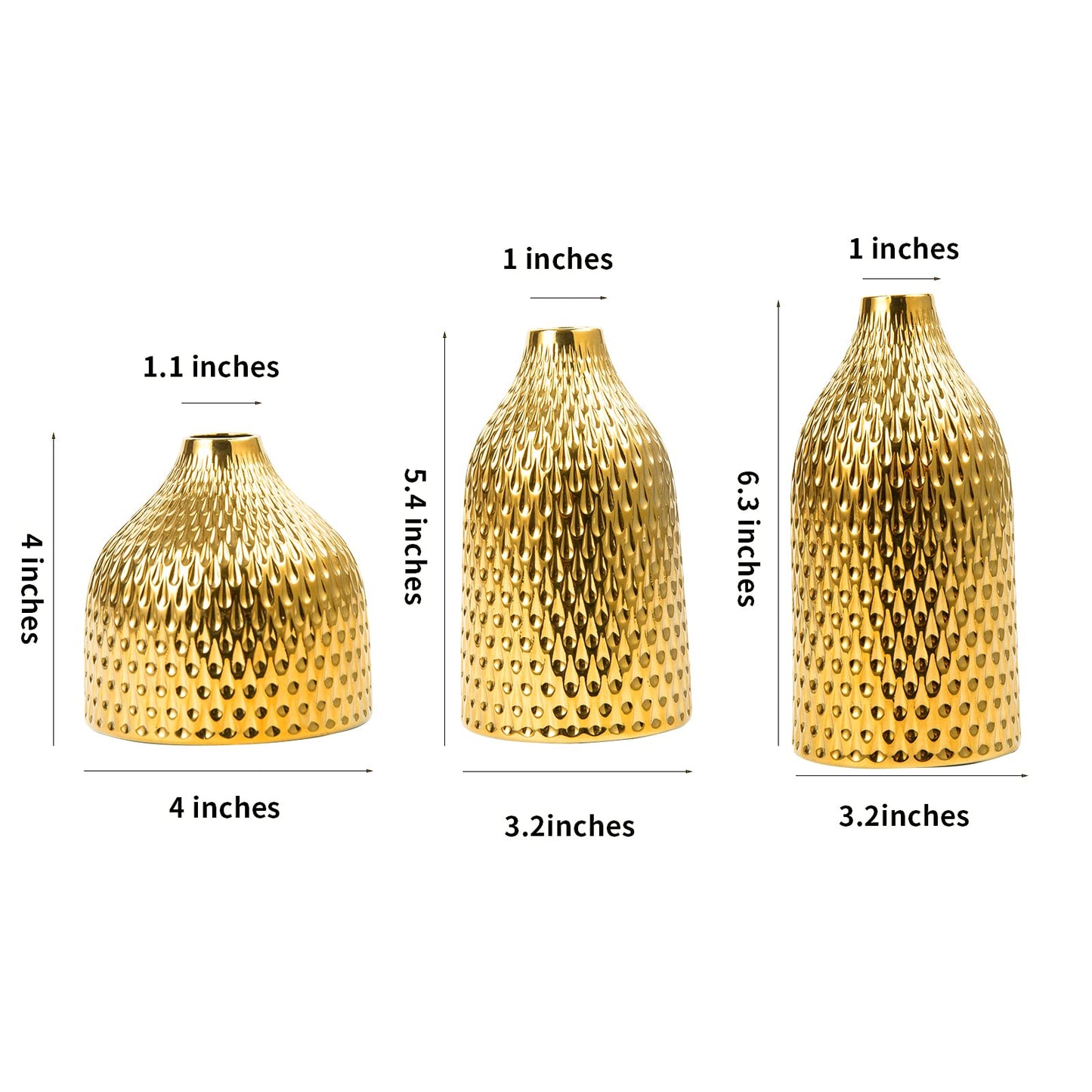 Ceramic Vase Set - 3 Small Vases, Luxurious Home Decor, Great for Centerpieces; Ideal Shelf Décor, Table Décor, Bookshelf, Mantle, Entryway- Gold