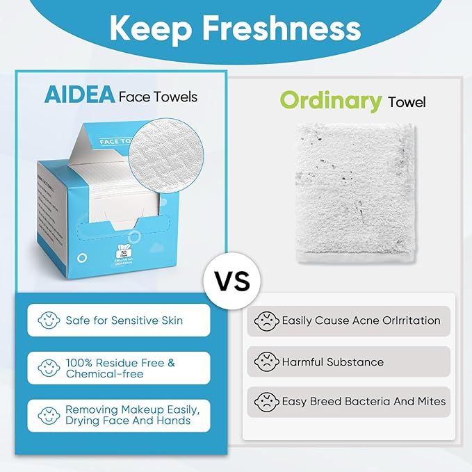 AIDEA Face Towels Disposable-50Ct, Facial Cleansing Wipes for Sensitive Skin, Facial Towelettes for Makeup Removing, Nursing, Travel, Dry Wipes Face Cloths