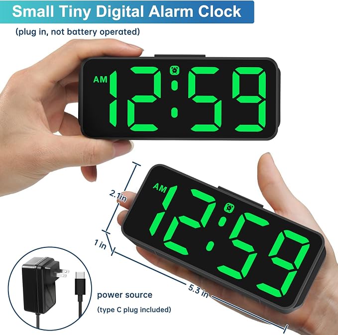 Peakeep Small Digital Alarm Clock for Bedroom, Large Number, Battery Backup | Plug-in Tiny Electric Clock Brightness Dimmable for Bedsise Desk Table Small Spaces, 5 Volume, Easy to Set, Adapter Included