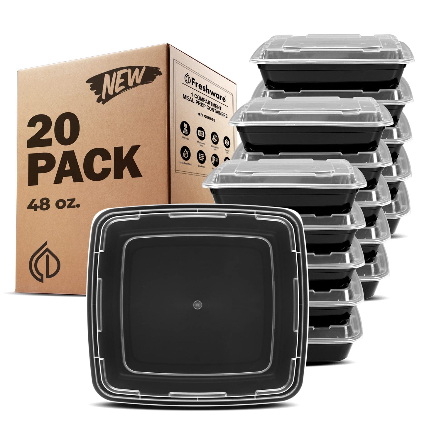 Freshware Meal Prep Containers [20 Pack] 1 Compartment Food Storage Containers with Lids, Bento Box, Stackable, Microwave/Dishwasher Safe (48 oz)