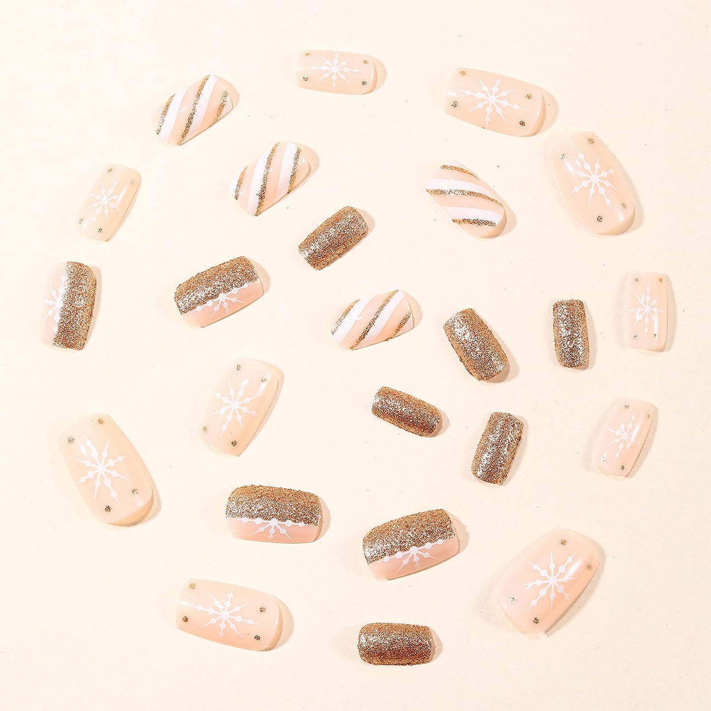 MISUD Press on Nails - Short Square Fake Nails with Snowflake, Acrylic Bling Gold Glitter Design 24 pcs