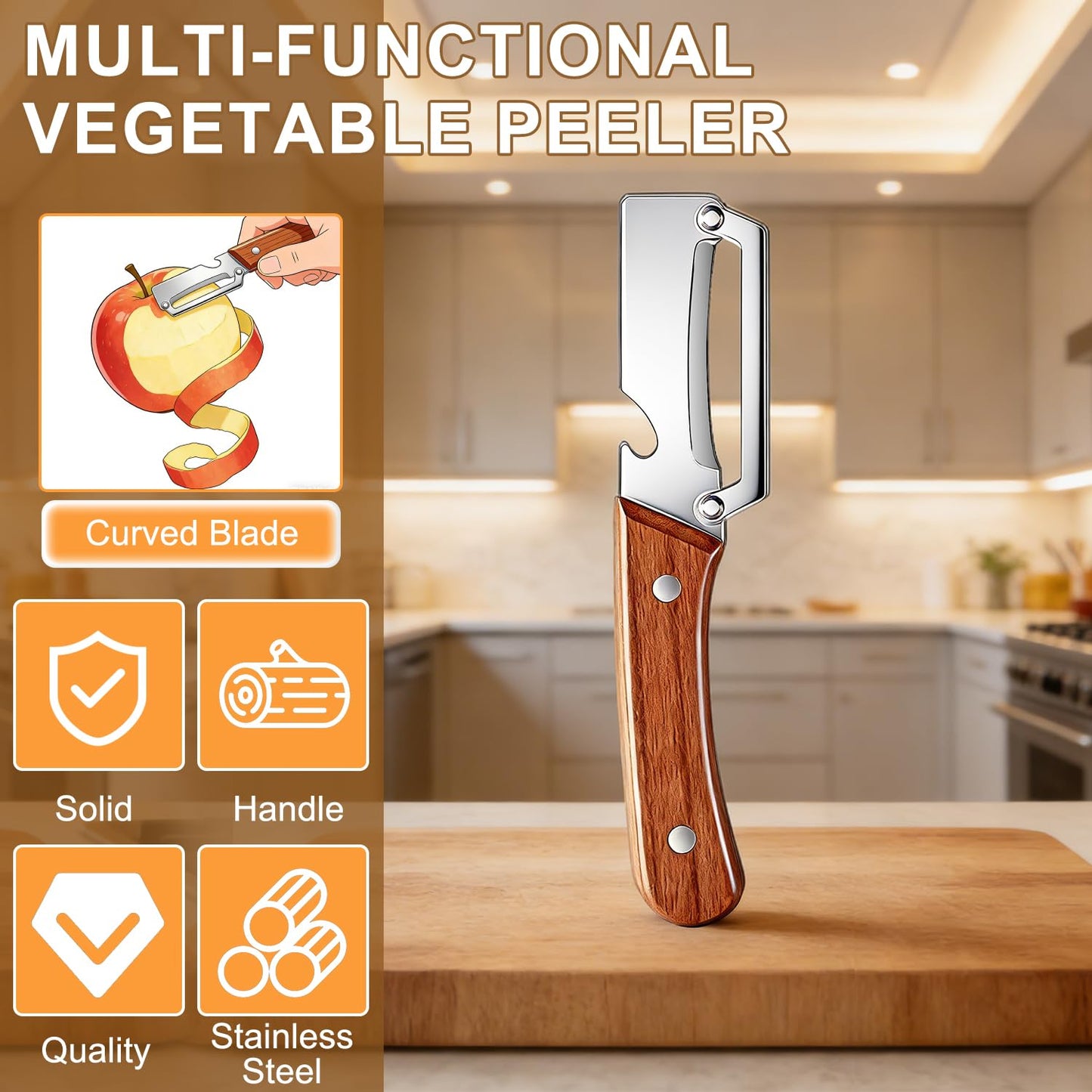 Multi-Functional Vegetable Peeler for Kitchen, 2 in 1 Stainless Steel Vegetable Peeler with Wooden Handle and Bottle Opener,Kitchen Tool for Fruit Apple Potato Carrot Pumpkin Papaya (2pcs)