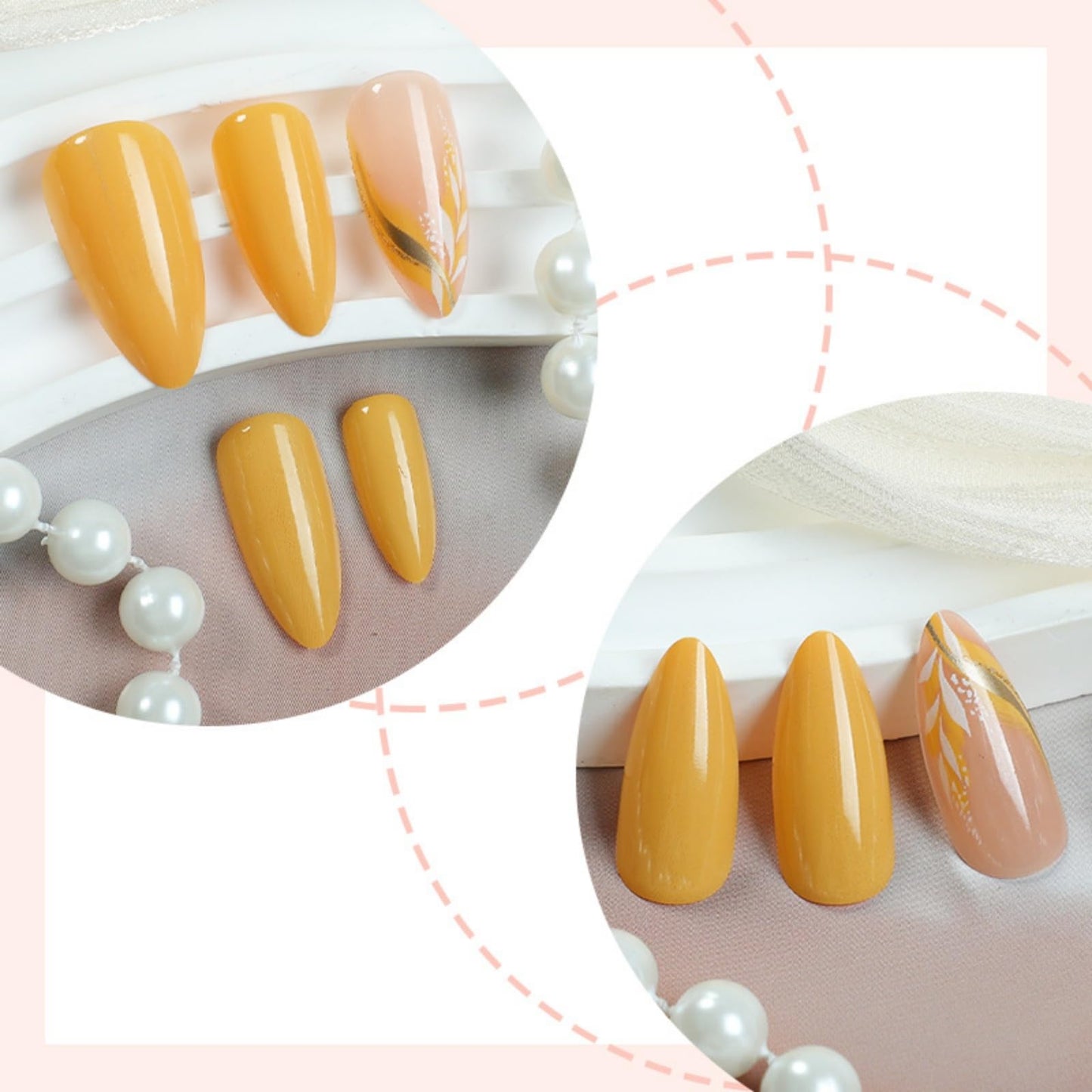 Almond Press on Nails Medium Fake Nails GoldFalse Nails Floral Artificial Nails with Designs Floral Stick on Nails for Women 24pcs