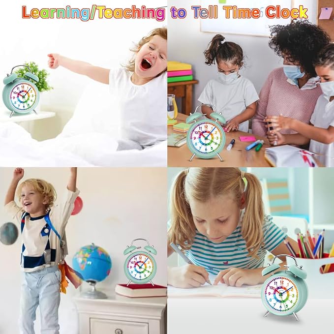 Peakeep Learning Clock for Kids Time Teaching, Loud Alarm to Wake Up | 4.5" Twin Bell Alarm Clock Battery Operated for Teenagers Kids, Kids' Room (Aqua)