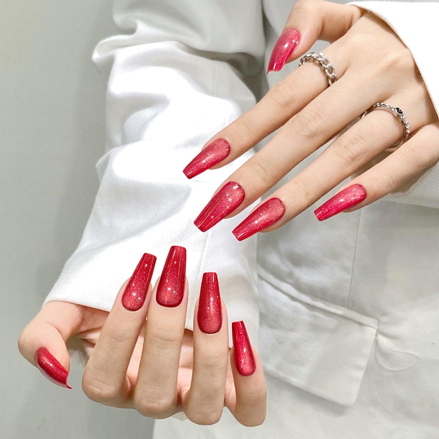 Dark Red Cat Eyes Press On Nails,12 Sizes-24 Pcs Soft Gel Red Medium Coffin Fake Nails Kit with Nail Glue, Natural Reusable Stick On False Nails for Women and Girls SK1000