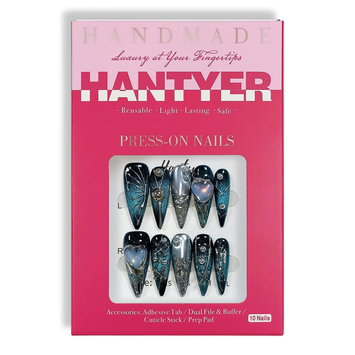 Hantyer Goth Press on Nails, Long Stiletto Glossy Nails in Black & Metallic Silver, Hand-Painted 3D Crosses & Butterflies with Blue Cat Eye, Celestial Style for Raves & Cosmic Parties (Size S)