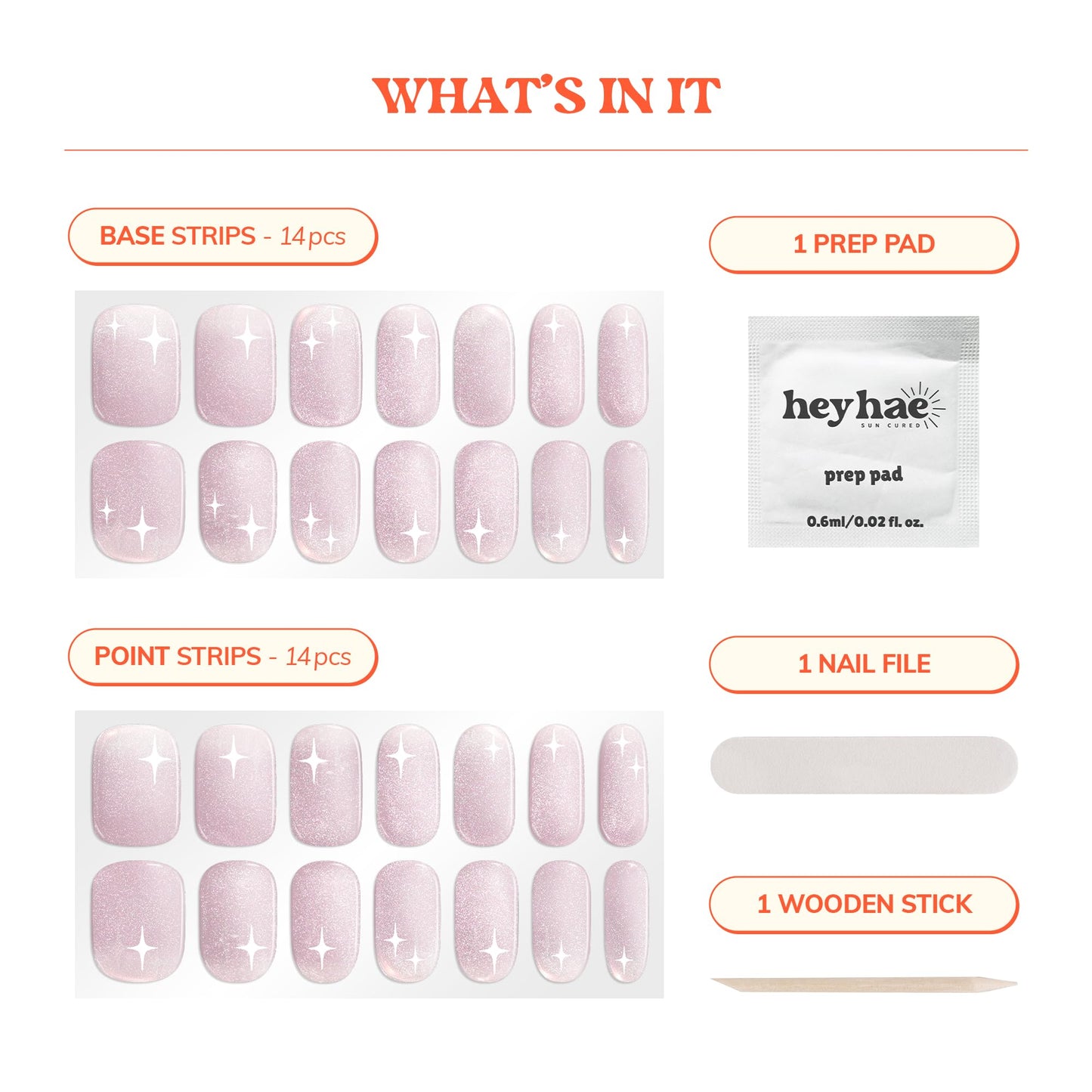 Heyhae Semi Cured Gel Nail Strips | No LED Lamp Needed | Glitter, Pink | Easy Apply & Remove, Salon Quality | Includes 28 Strips, 1 Prep Pads, Nail File & Wooden Stick - Hey, Attention Please!
