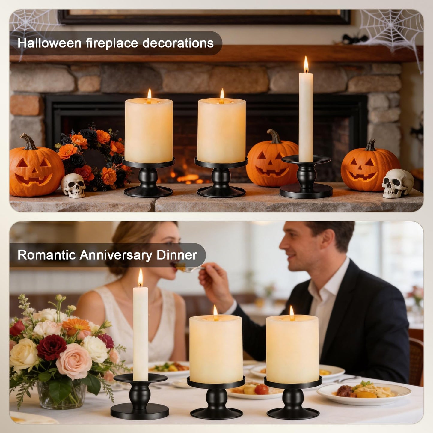 Pillar & Taper Dual Candle Holder: Fit 3" D and 0.87" D Candles - Stable Wide Base & Easy Clean - Smooth Metal Texture Candlestick for Holiday Home Table Centerpiece Decor - Set of 3 Gift (Black)