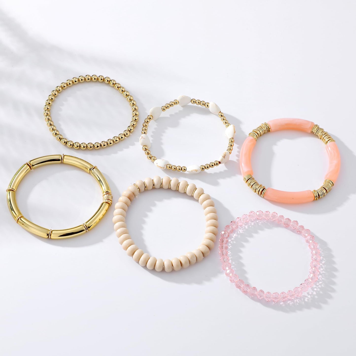 GOOJIDS Simple Beaded Gold Plated Bangles Bracelet Chunky Bamboo Tube Curved Stacking Clear Acrylic Colorful Beads Stretchable Gold Plated Bracelets Set For Women