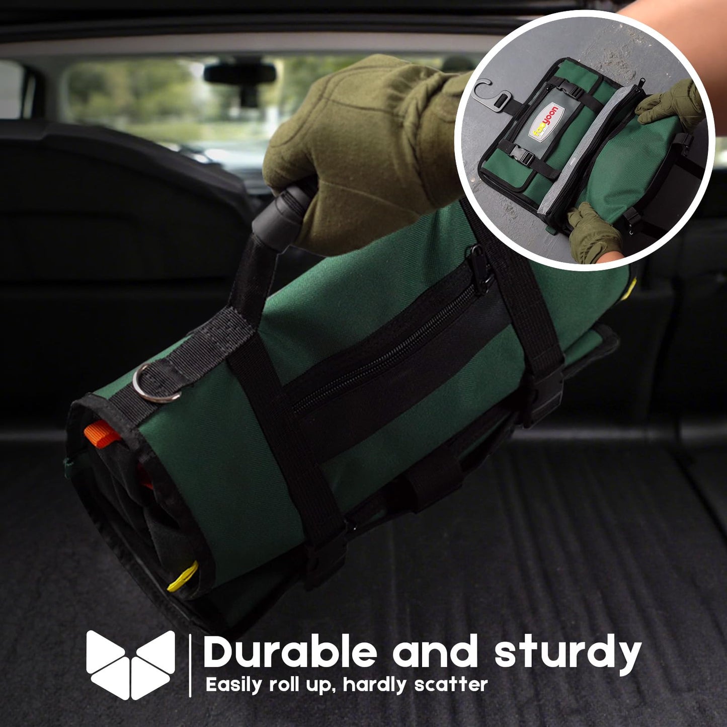 Faoyoon Heavy Duty Roll Up Tool Bag, Heavy Duty See-Through Tool Roll Organizer, 5 Color Coded Detachable Pouches & Wrench Roll, Portable Mechanic & Motorcycle Tool Bag, Birthday & Father’s Day Gift