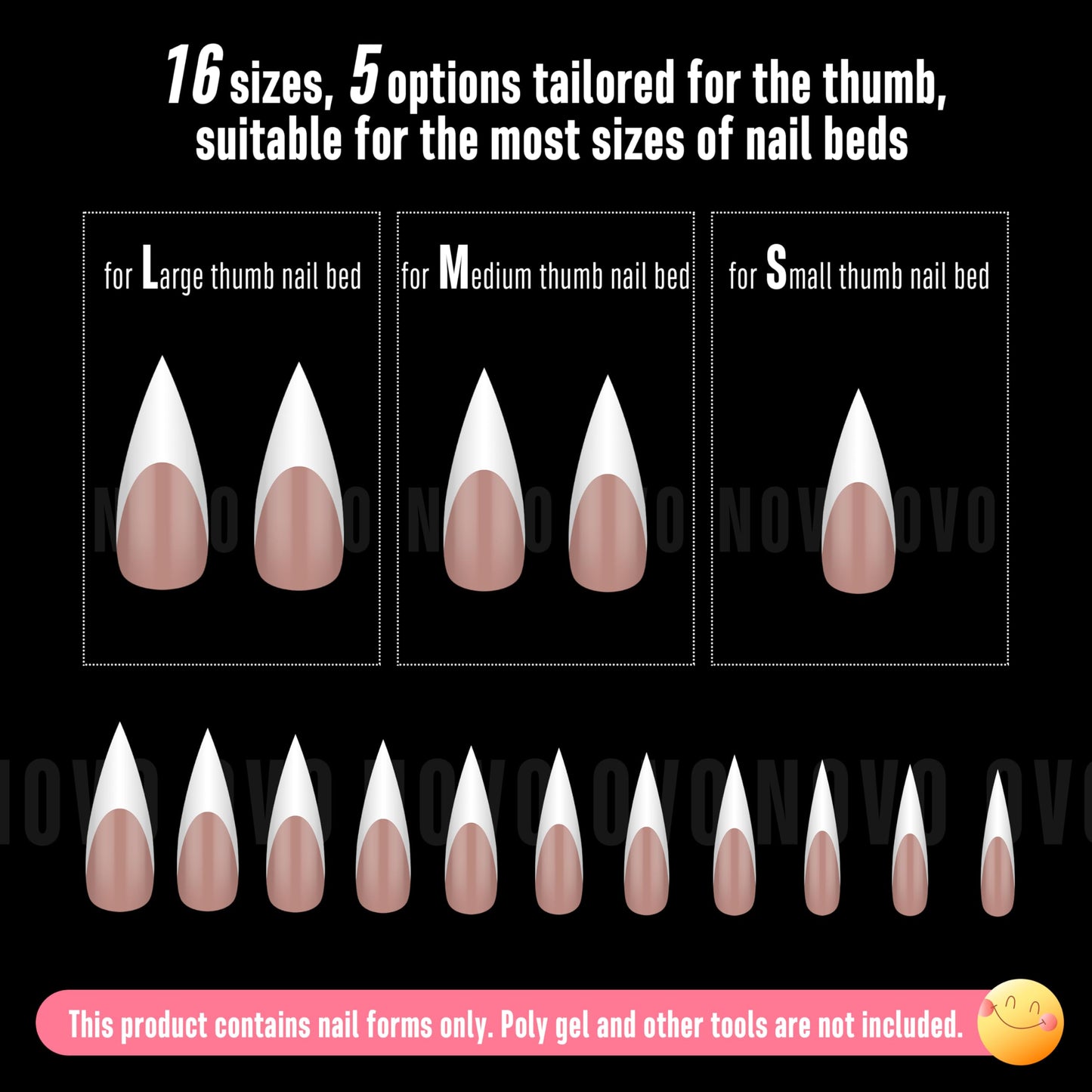 NOVO OVO Medium Long Sharp Stiletto Nail Tips (White French Tip) - Brown Pink Nude Soft Gel Press Ons, Pre-Designed Full Cover Fake Nails for Instant Salon Manicure, 16 Sizes (160 Pcs)