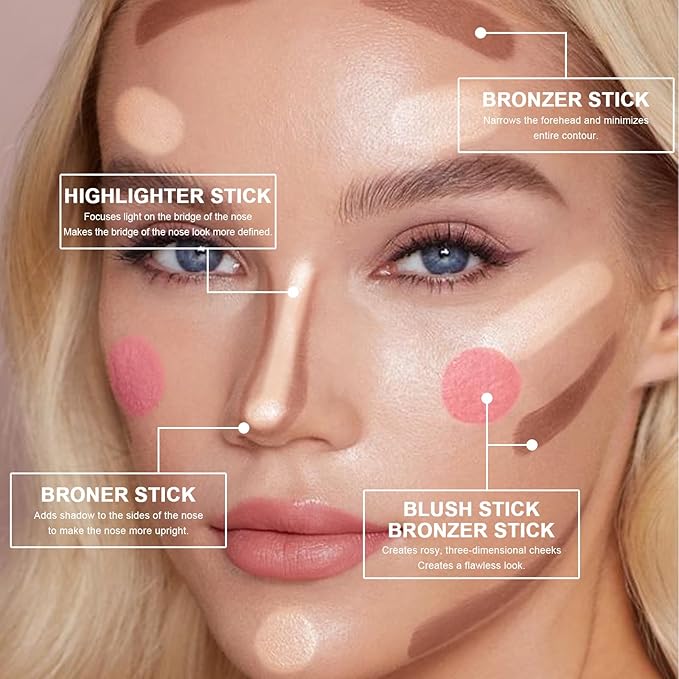 3-in-1 Cream Contour Stick Set - Blush, Bronzer & Highlighter - Long Lasting, Waterproof - Matte & Dewy Finish - Light Fair (8+10+12) for Women