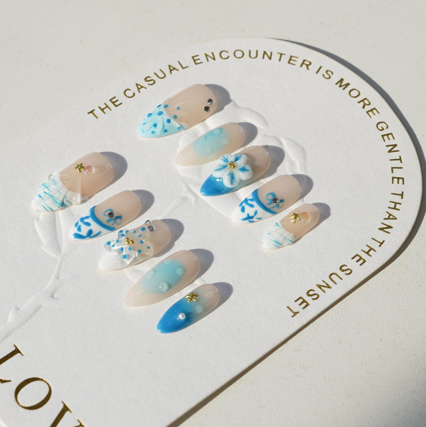 Handmade Press on Nails for Women - Medium Almond 3D Thick Acrylic Reusable Fake Nails with Designs Summer Floral Boho Funky Tropical Cute Nail-art Set 10pcs,blue-floral,S
