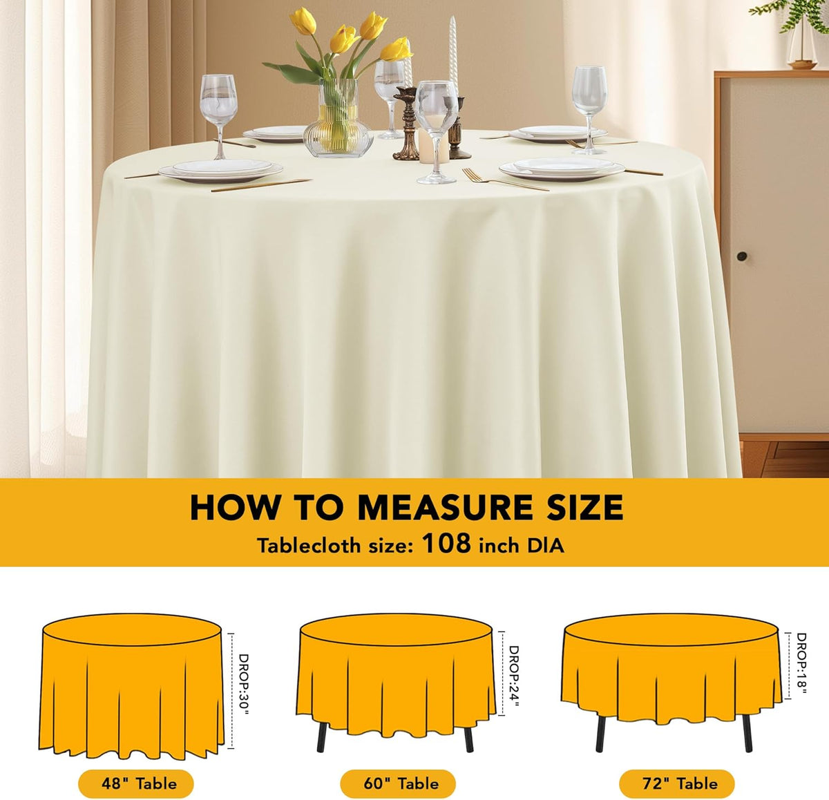 10-Pack Ivory Round Tablecloths, 108 Inches, Stain-Resistant Polyester for 4-5 Ft Round Tables - Washable Table Covers for Weddings, Banquets, Birthday Parties, Events