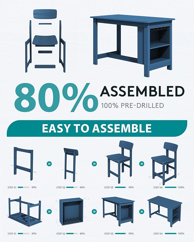 SERWALL 8-Piece HDPE Counter Height Dining Table Sets with Storage and Wine Rack, 2 Rectangular Bar Table with Bar Stools Set of 6 for Garden, Backyard, Kitchen, Blue
