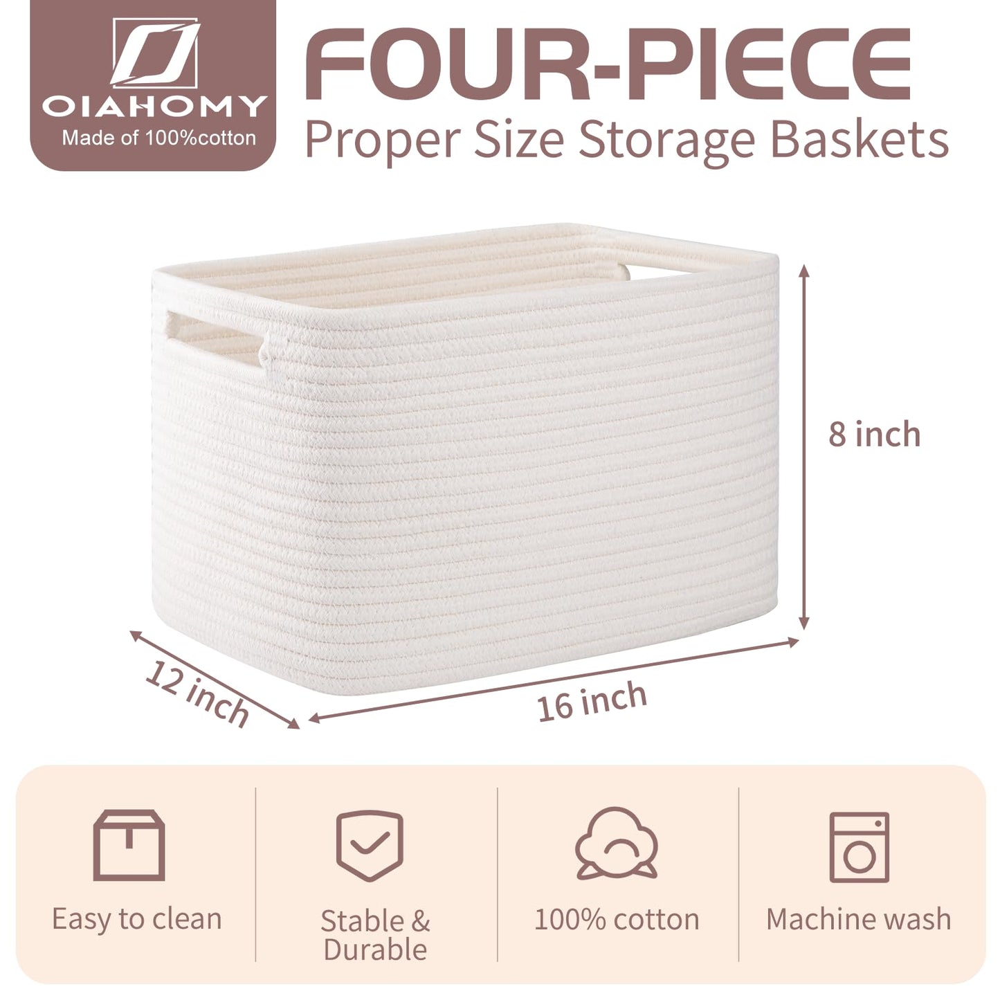 OIAHOMY 4 Pack Storage Baskets for Organizing, Cube Storage Bins for Shelves, Rectangle Storage Baskets With Handles, Woven Baskets for Storage, 16''Lx12''Wx8''H, White