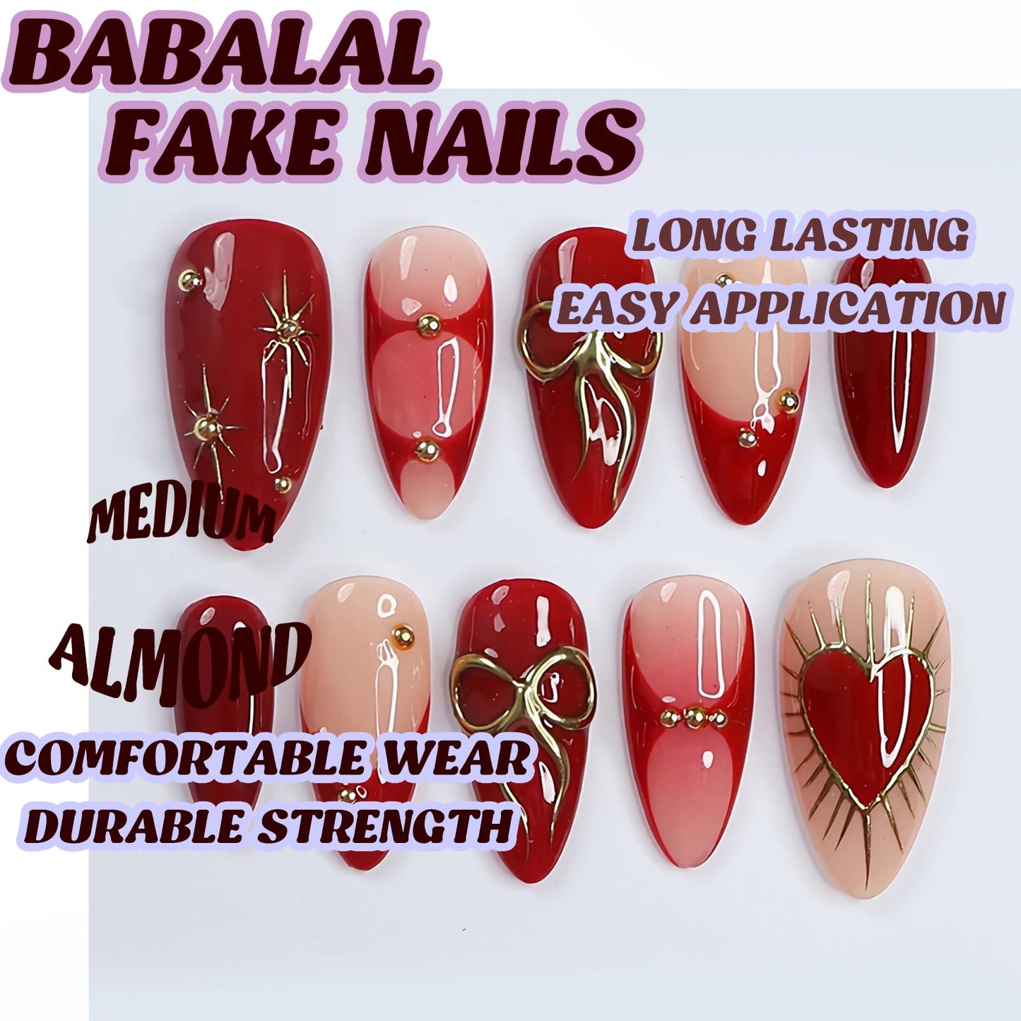 BABALAL Press on Nails Medium Almond Fake Nails Red French Tip Glue on Gold Chrome Bow Heart Design Y2k with Charm Supplies Art 24Pcs Manicure Glossy Full Cover Acrylic False Nails