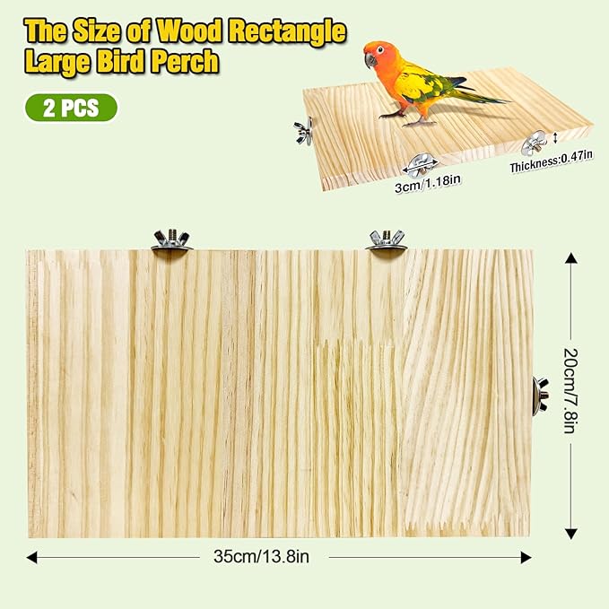 Arfubye 2PCS 13.8x7.9 inches Large Bird Perch Stand Wooden Parakeet Stand Platform Parrot Cage Accessories Rectangle Corner Stand Perch Shelf for Budgie Cockatiel Conure Macaw African Grey Chinchilla