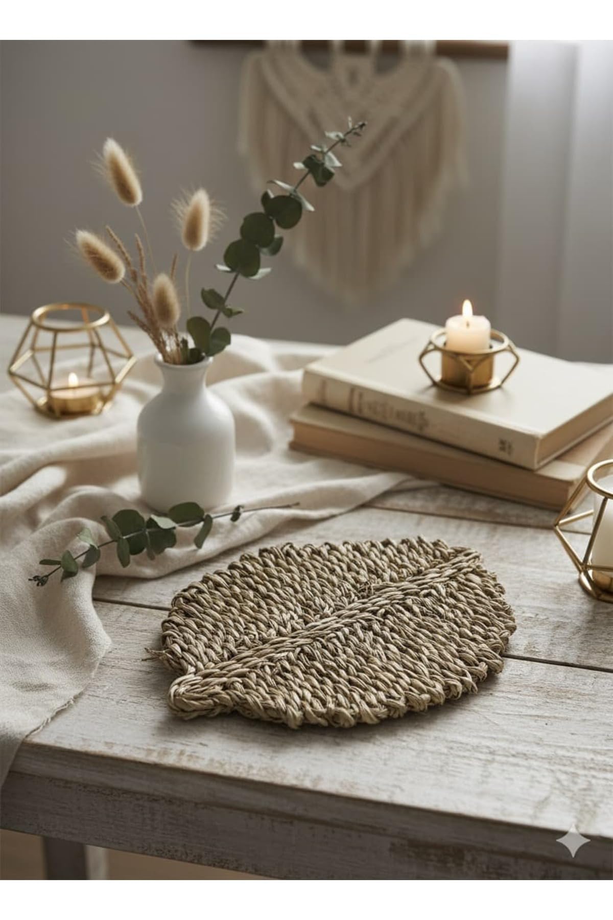 SODEF Handmade Reed Leaf Wall Decor - Bohemian Style Wall Hanging Ornament - Small Size 23 x 18 cm - Beige, 9x7 inch