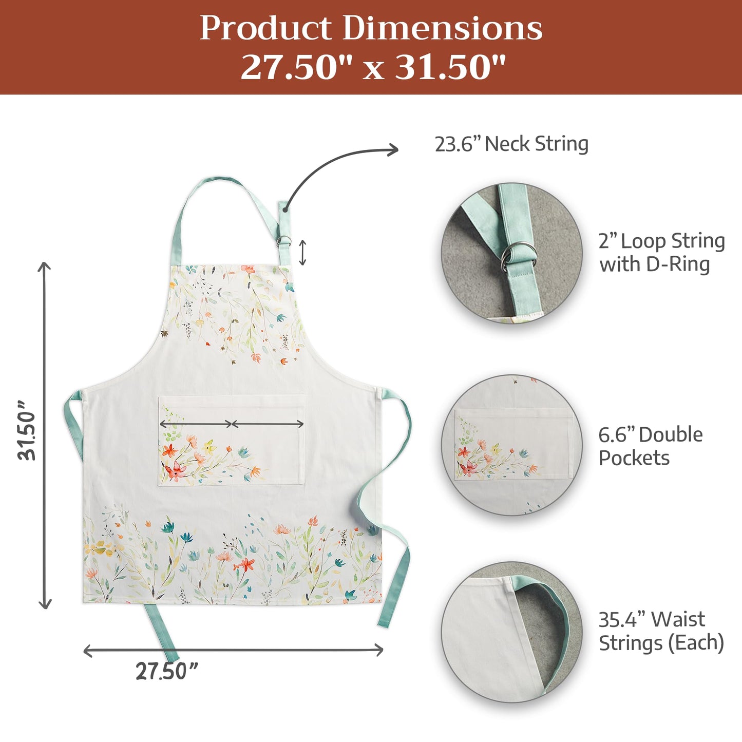 Maison d' Hermine Apron for women with Pocket 100% Cotton 27.50"x31.50" 1 Piece Adjustable Neck Strap & long ties Apron Men, Chef, Wedding, Cooking, Gardening, Server Spring/Summer (Colmar)