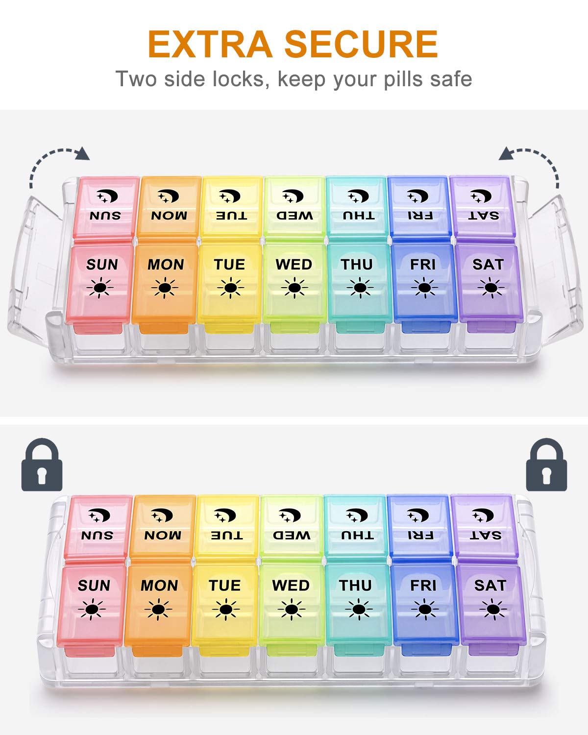 Pill Organizer 2 Times a Day, Fullicon Quick Fill Large Weekly AM PM Pill Box, Medicine Organizer 7 Day, Daily Pill Cases - Rainbow (Patent Registered)