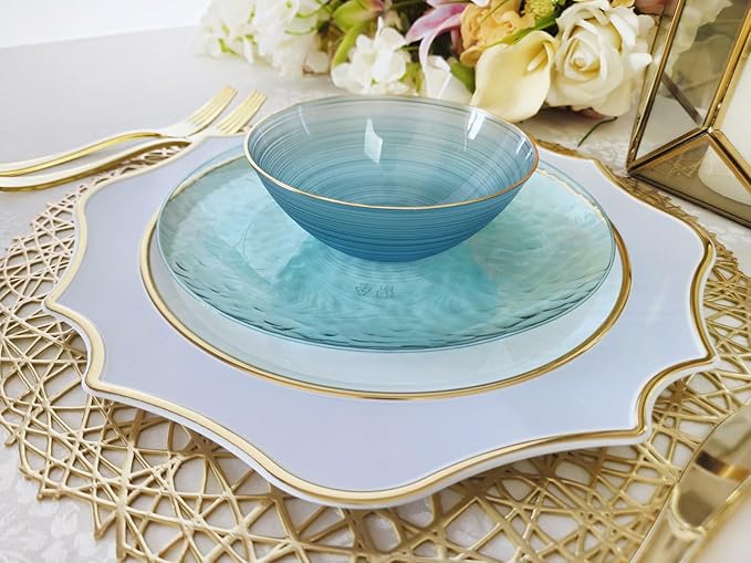 " OCCASIONS " 10 Pieces 13.25'' Scalloped Disposable/Reusable Plastic Charger Plates for Wedding, (Scalloped Imperial Blue & Gold)